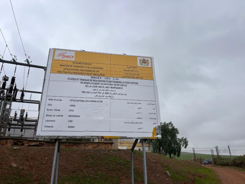 Panneau de chantier du projet de passerelle au PN 6051, ONCF, Skhour Rhamna