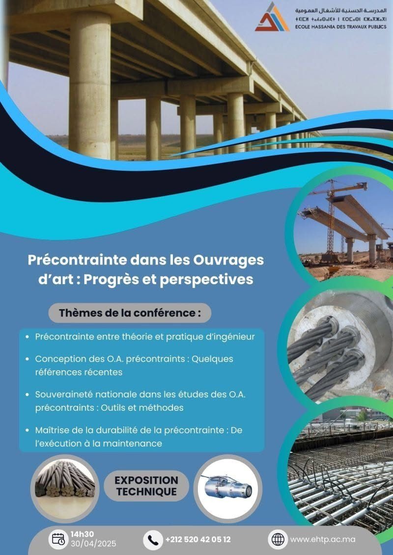Affiche de la conférence « Précontrainte dans les ouvrages d'art : progrès et perspectives »