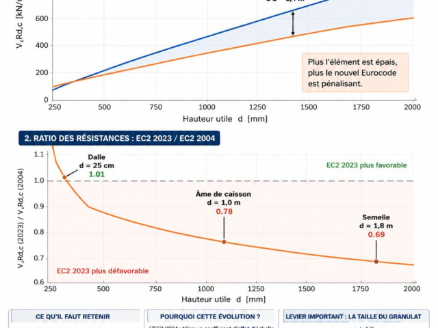 Infographie NEOPEDIA : effet d’échelle sur l’effort tranchant, comparaison EN 1992-1-1 de 2004 et de 2023