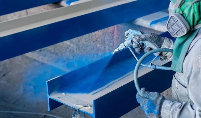 Application au pistolet d’une peinture anticorrosion sur une poutre en acier décapé