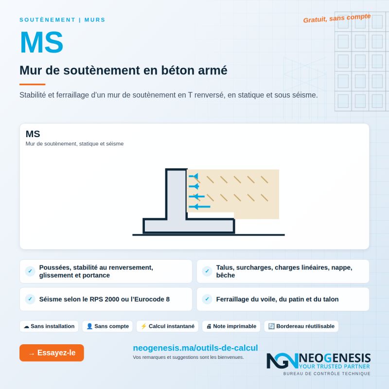 Outil MS : mur de soutènement en béton armé en T renversé, stabilité et ferraillage en statique et sous séisme