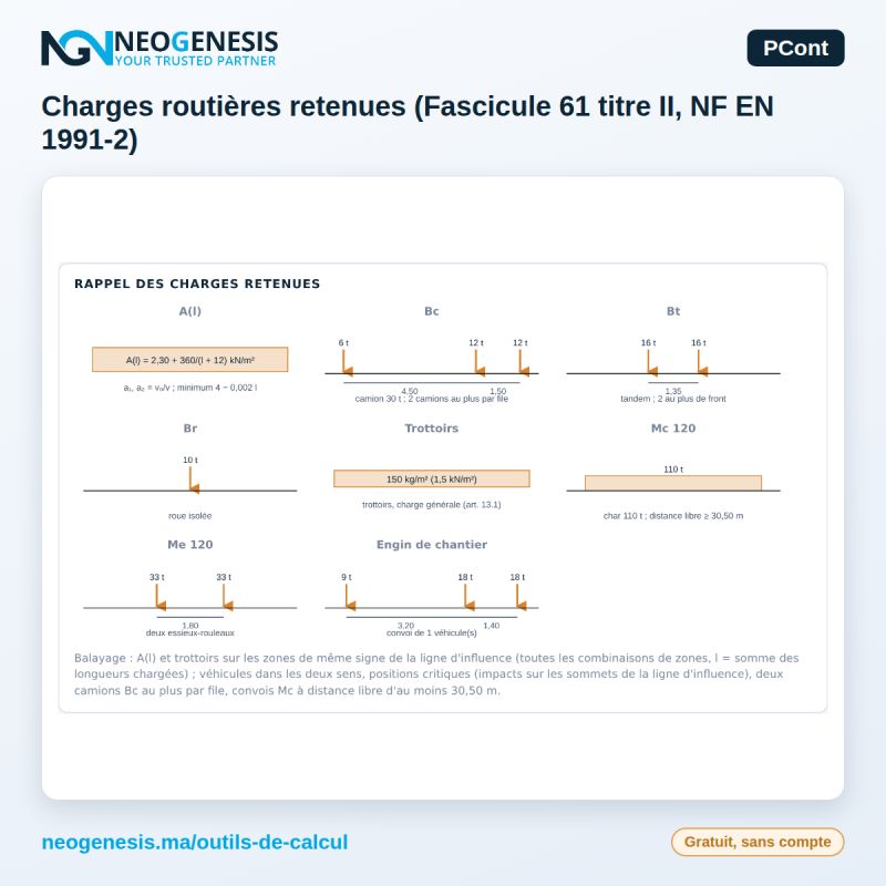 Outil PCont : rappel des charges routières retenues selon le Fascicule 61 titre II et la NF EN 1991-2