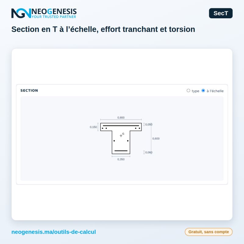 Outil SecT : section en T dessinée à l'échelle pour l'effort tranchant et la torsion