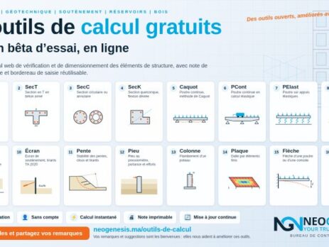 16 outils de calcul gratuits NEOGENESIS : SecR, SecT, SecC, SecK, Caquot, PCont, PElast, PBois, MS, Écran, Pente, Pieu, Colonne, Plaque, Flèche, Resv