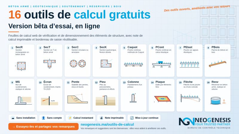 16 outils de calcul gratuits NEOGENESIS : SecR, SecT, SecC, SecK, Caquot, PCont, PElast, PBois, MS, Écran, Pente, Pieu, Colonne, Plaque, Flèche, Resv